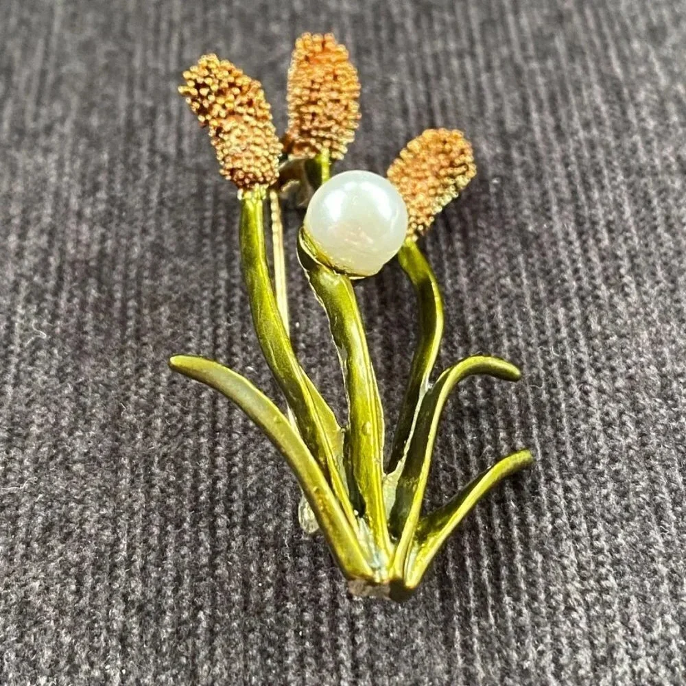 Cattail Enamel Brooch with Faux Pearl